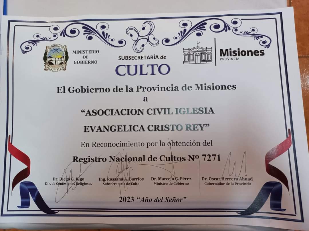 Entrega  Registro Nacional de Culto a la IGLESIA EVANGÉLICA «CRISTO REY»  en Eldorado, Misiones, Argentina.